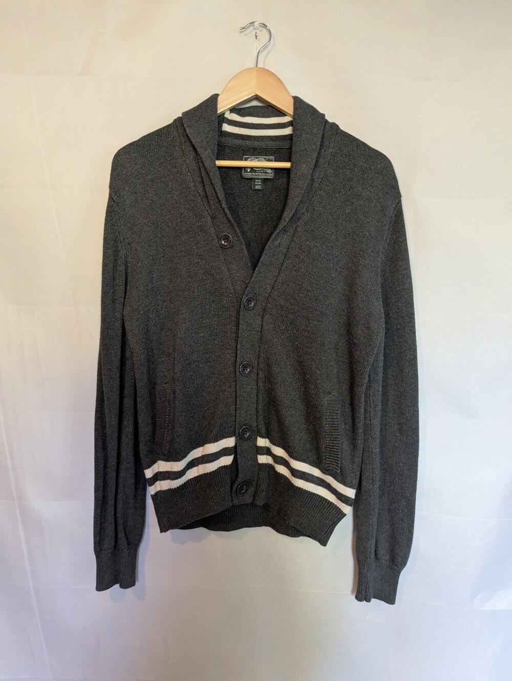 Roots Mens Charcoal Grey Shawl Collar Knit Cardigan Sweater Stripe Size L